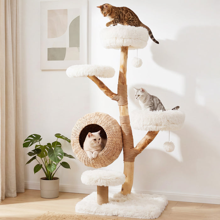134CM 5-Tier Cat Tree with Woven Cat Condo and Hanging Balls-Grey