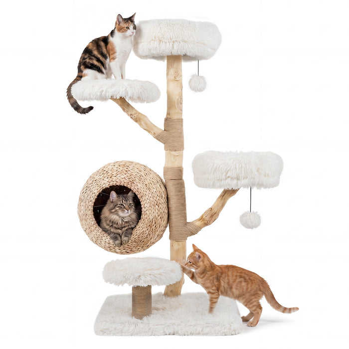 134CM 5-Tier Cat Tree with Woven Cat Condo and Hanging Balls-Grey