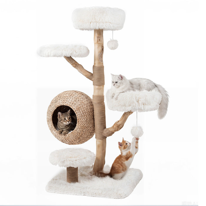134CM 5-Tier Cat Tree with Woven Cat Condo and Hanging Balls-Grey