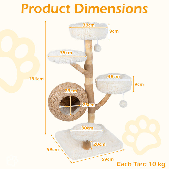 134CM 5-Tier Cat Tree with Woven Cat Condo and Hanging Balls-Grey