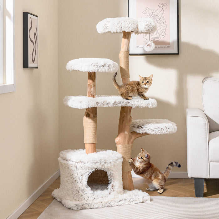 135cm Cat Tree Tower with Wood Branches and Plush Condo-