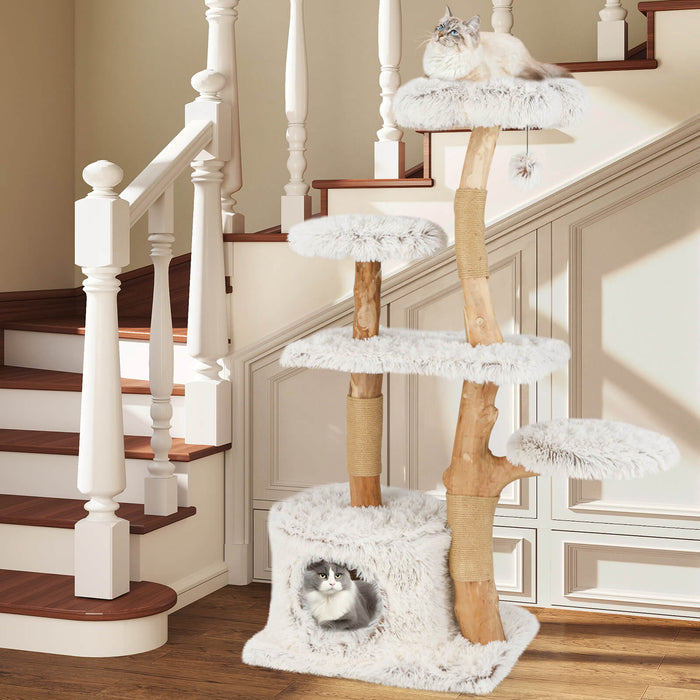 135cm Cat Tree Tower with Wood Branches and Plush Condo-
