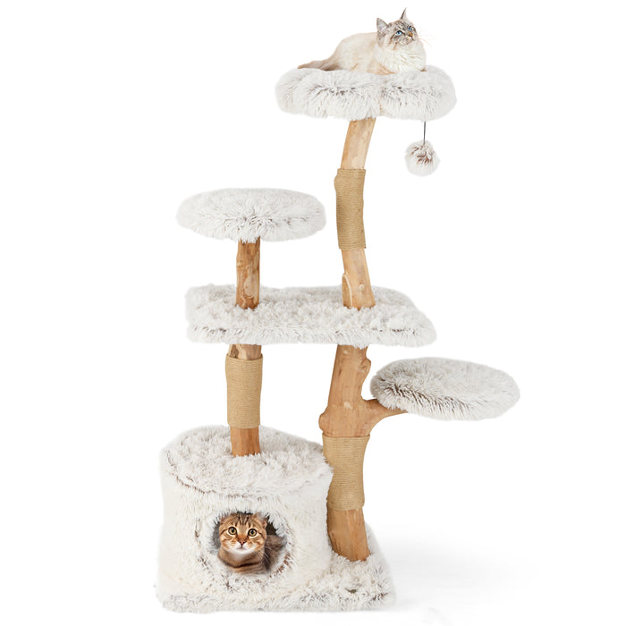 135cm Cat Tree Tower with Wood Branches and Plush Condo-