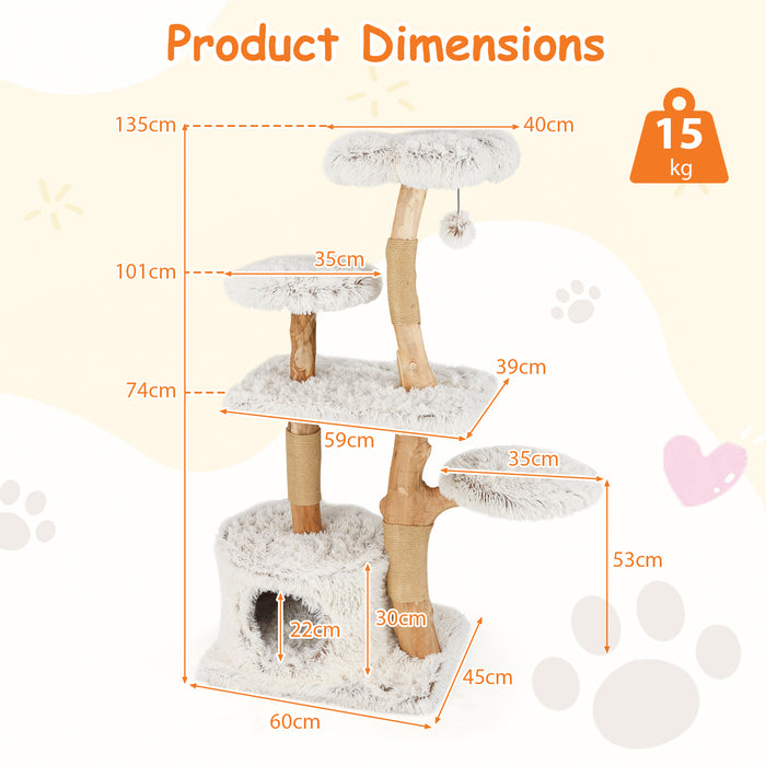 135cm Cat Tree Tower with Wood Branches and Plush Condo-