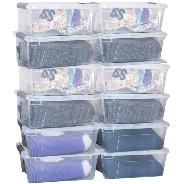 12 Plastic, 12L, Stackable, Storage Boxes with Lids