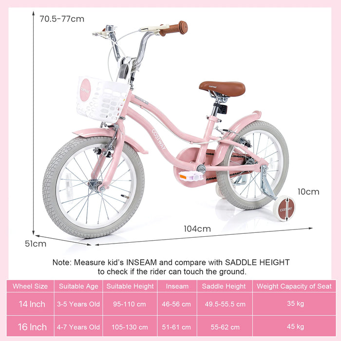 16 Inch Girls Bike with Basket for 4-7 Years Retro Series Peach Pink