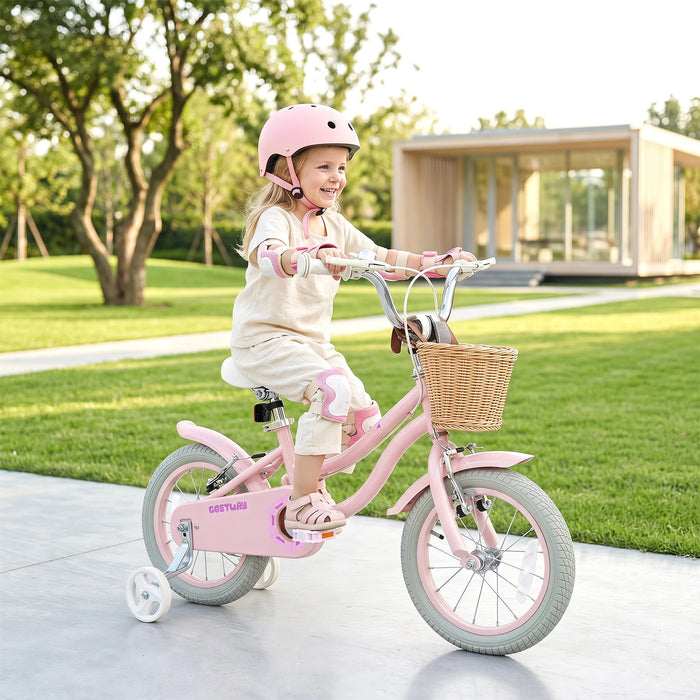 16 Inch Girls Bike with Woven Basket for 4-7 Years Cottage Series Sakura Pink