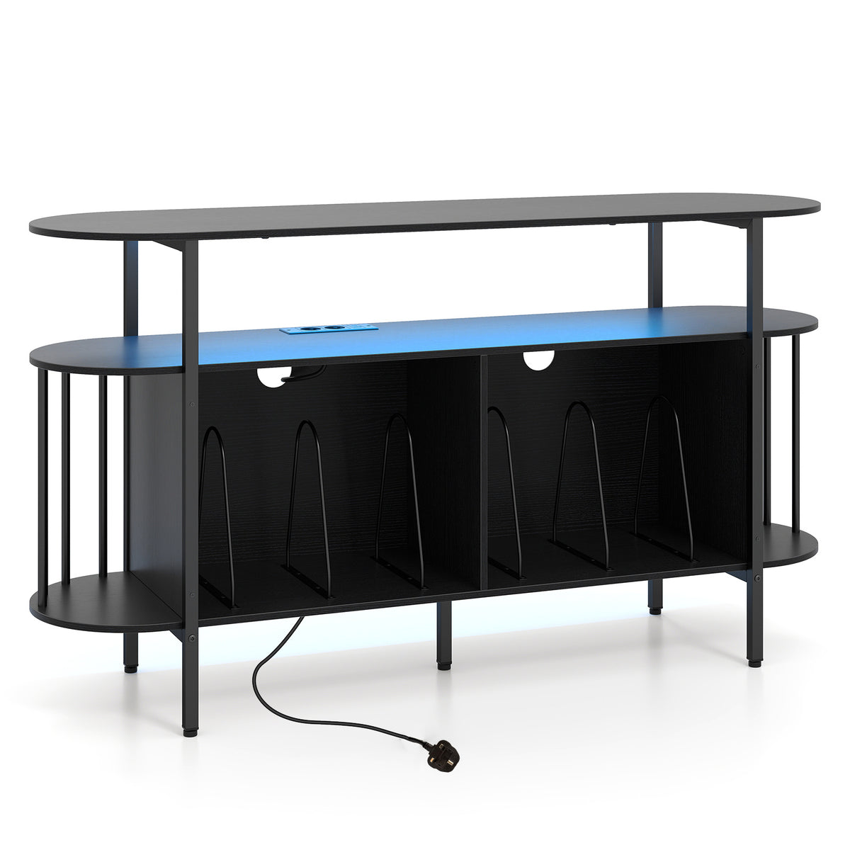 140 cm Record Player Stand with LED Lights & Power Outlets and 6 Dividers for Indoor-Black