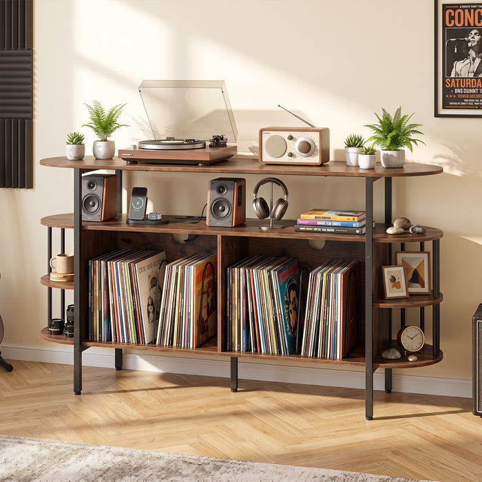 140 cm Record Player Stand with LED Lights & Power Outlets and 6 Dividers for Indoor-Black