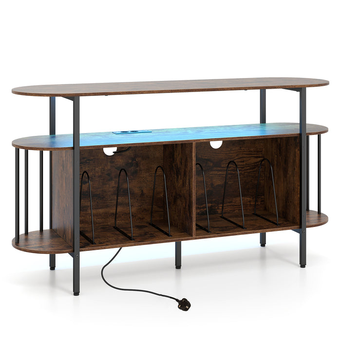 140 cm Record Player Stand with LED Lights & Power Outlets and 6 Dividers for Indoor-Black