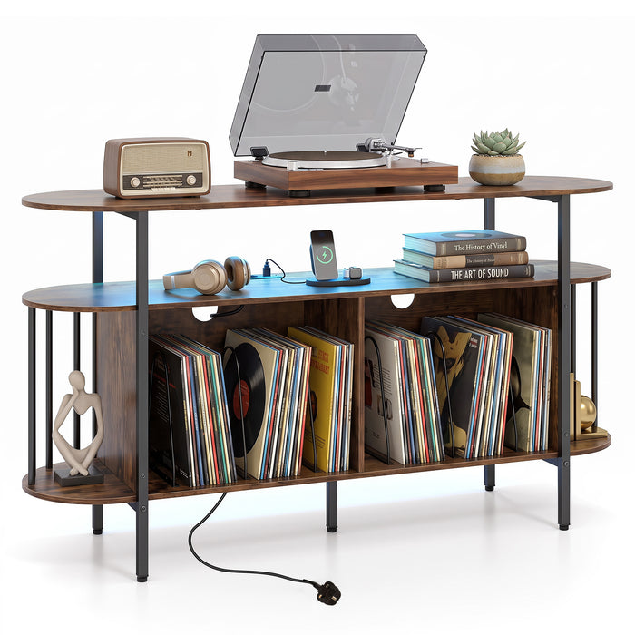 140 cm Record Player Stand with LED Lights & Power Outlets and 6 Dividers for Indoor-Black