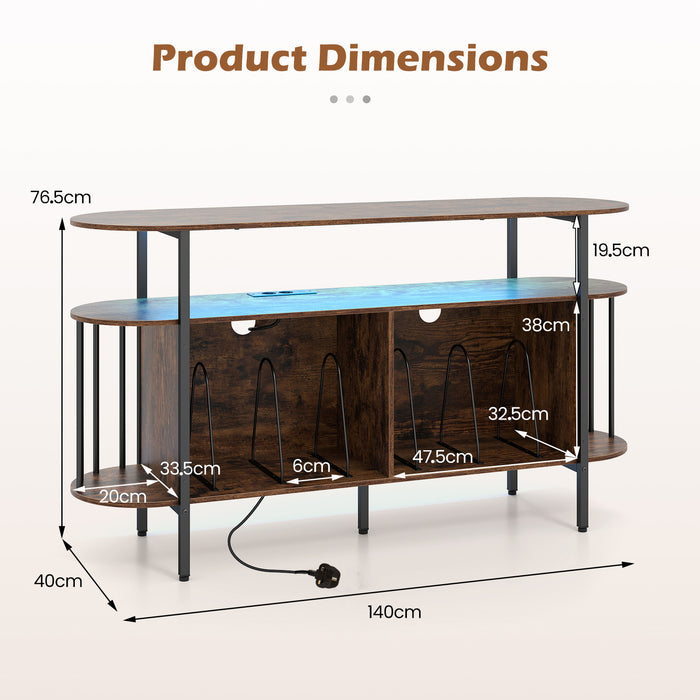 140 cm Record Player Stand with LED Lights & Power Outlets and 6 Dividers for Indoor-Black
