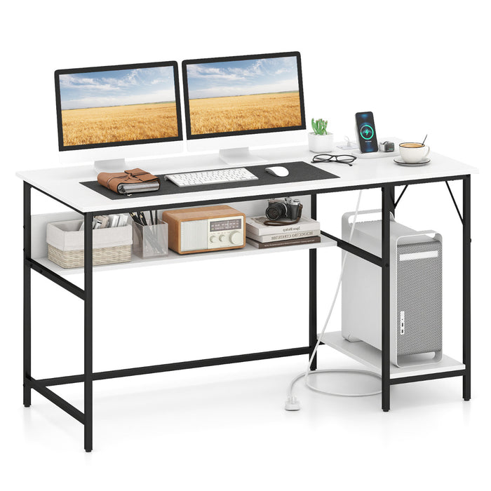 140 x 60 CM Computer Desk with Charging Station Home Office PC Desk with 4 Power Outlets and 2 USB Ports-