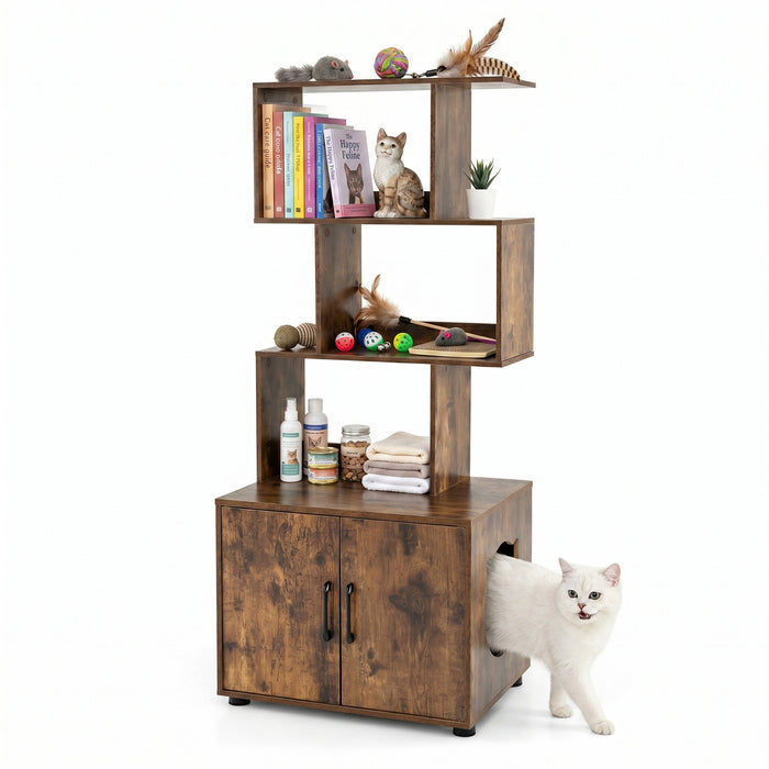 141 CM Tall Cat Litter Box Enclosure with 3 Open Shelves & Side Entry for Indoor-