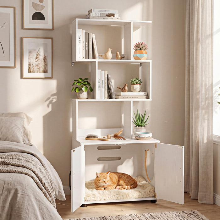 141 CM Tall Cat Litter Box Enclosure with 3 Open Shelves & Side Entry for Indoor-