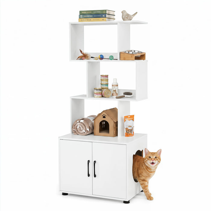 141 CM Tall Cat Litter Box Enclosure with 3 Open Shelves & Side Entry for Indoor-