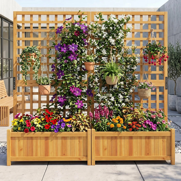 143 cm Wooden Raised Garden Bed with Trellis and Drainage Holes for Climbing Plants-Orange