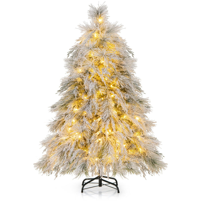 145 CM Feet Flocked Christmas Tree with 150 Warm White LED Lights-S