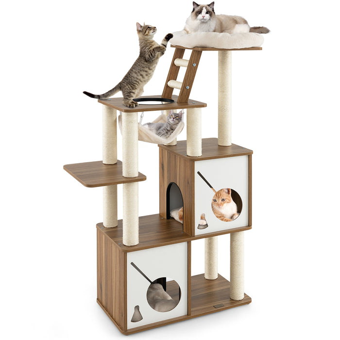 145cm Cat Tree Tower - Multi-Level Design with Scratching Posts and 2 Condos - Ideal for Playful Cats and Kittens Seeking Secure Spaces