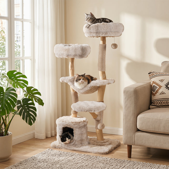 147cm Cat Tree Tower with Cat Cave with Sisal Scratching Poles and 2 Plush Play Balls for Indoor Cats-