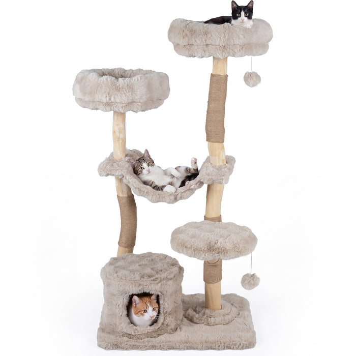 147cm Cat Tree Tower with Cat Cave with Sisal Scratching Poles and 2 Plush Play Balls for Indoor Cats-