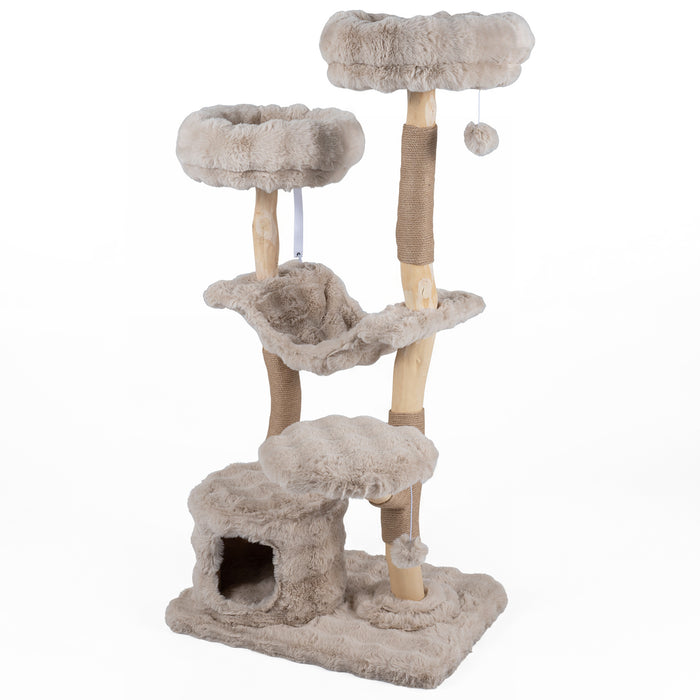 147cm Cat Tree Tower with Cat Cave with Sisal Scratching Poles and 2 Plush Play Balls for Indoor Cats-