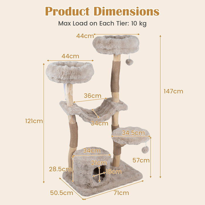 147cm Cat Tree Tower with Cat Cave with Sisal Scratching Poles and 2 Plush Play Balls for Indoor Cats-