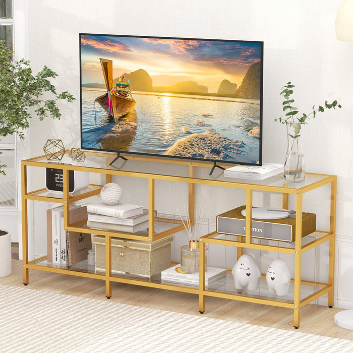 147cm TV Console Table with Tempered Glass Shelves-