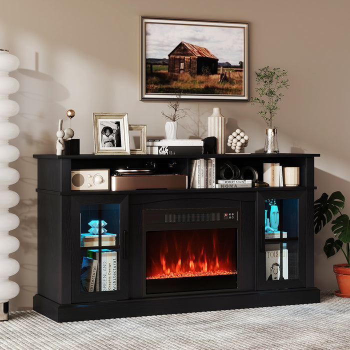 148cm Fireplace TV Stand with LED Lights Entertainment Center for 65 Inch TV-Grey