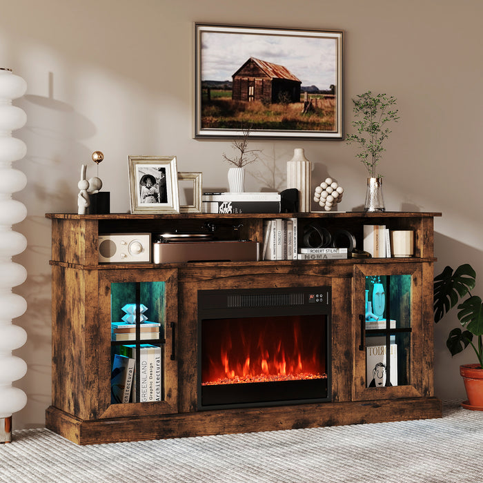 148cm Fireplace TV Stand with LED Lights Entertainment Center for 65 Inch TV-Grey