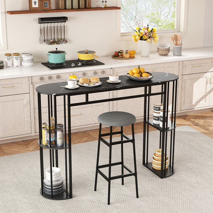 150 CM Long Bar Table with Faux Marble Tabletop & Storage Shelves for Kitchen & Dining-