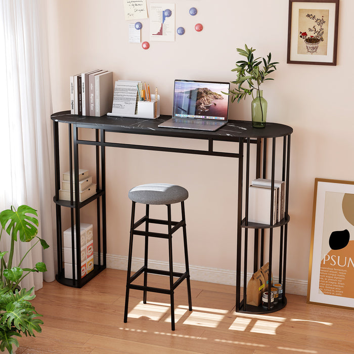 150 CM Long Bar Table with Faux Marble Tabletop & Storage Shelves for Kitchen & Dining-
