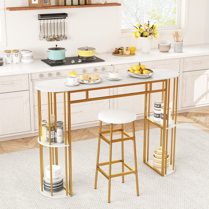 150 CM Long Bar Table with Faux Marble Tabletop & Storage Shelves for Kitchen & Dining-