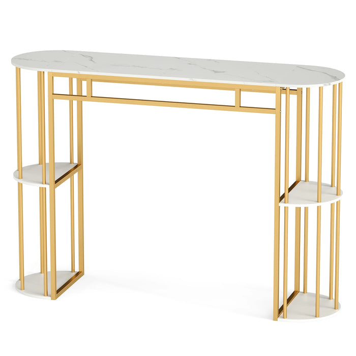 150 CM Long Bar Table with Faux Marble Tabletop & Storage Shelves for Kitchen & Dining-