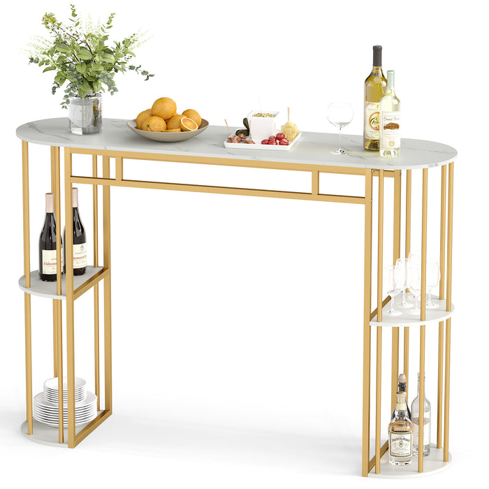 150 CM Long Bar Table with Faux Marble Tabletop & Storage Shelves for Kitchen & Dining-