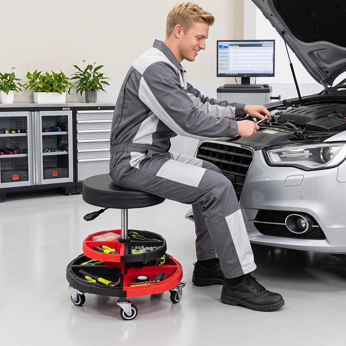 150 KG Max Load Rolling Mechanic Stool with Cushioned Seat Dual Tool Trays for Repair Shop-
