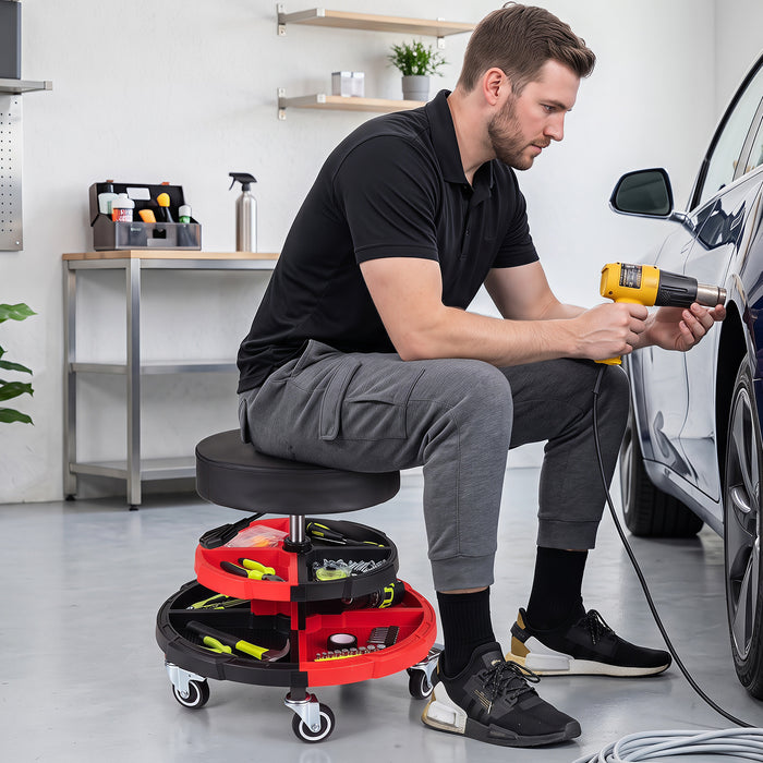 150 KG Max Load Rolling Mechanic Stool with Cushioned Seat Dual Tool Trays for Repair Shop-