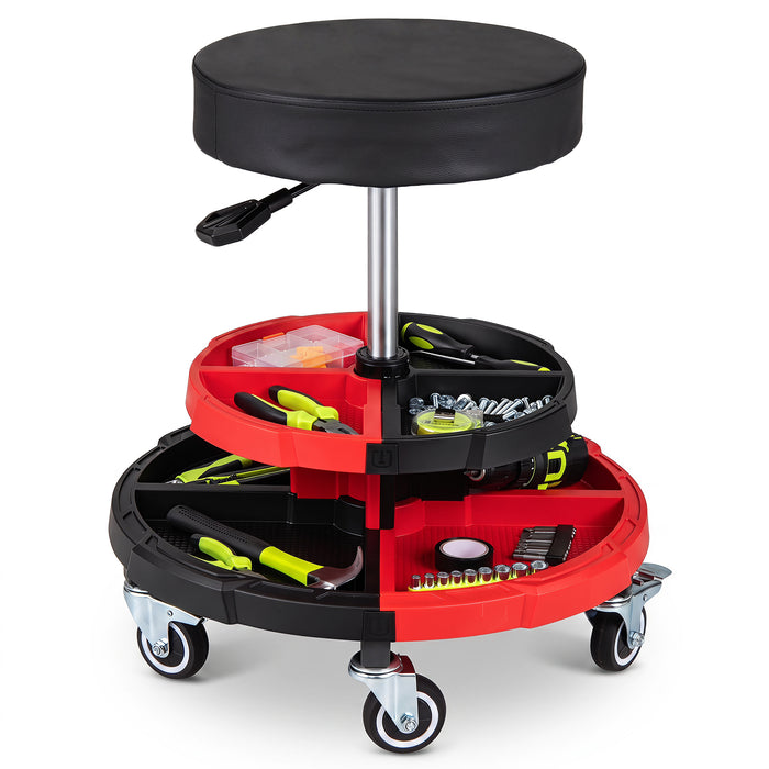 150 KG Max Load Rolling Mechanic Stool with Cushioned Seat Dual Tool Trays for Repair Shop-
