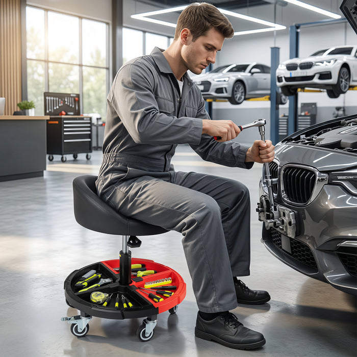 150 KG Max Weight Capacity 360° Rolling Mechanic Stool with Tool Storage Tray Backrest-Red