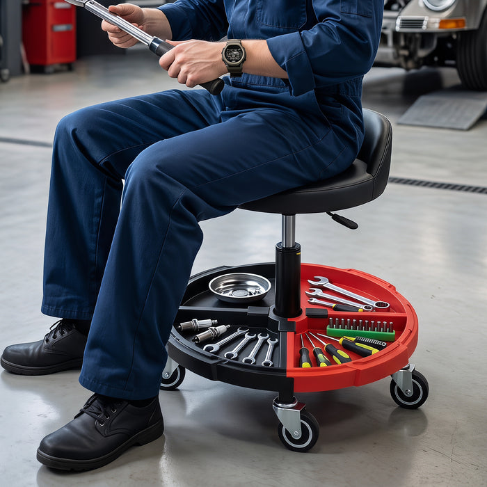 150 KG Max Weight Capacity 360° Rolling Mechanic Stool with Tool Storage Tray Backrest-Red