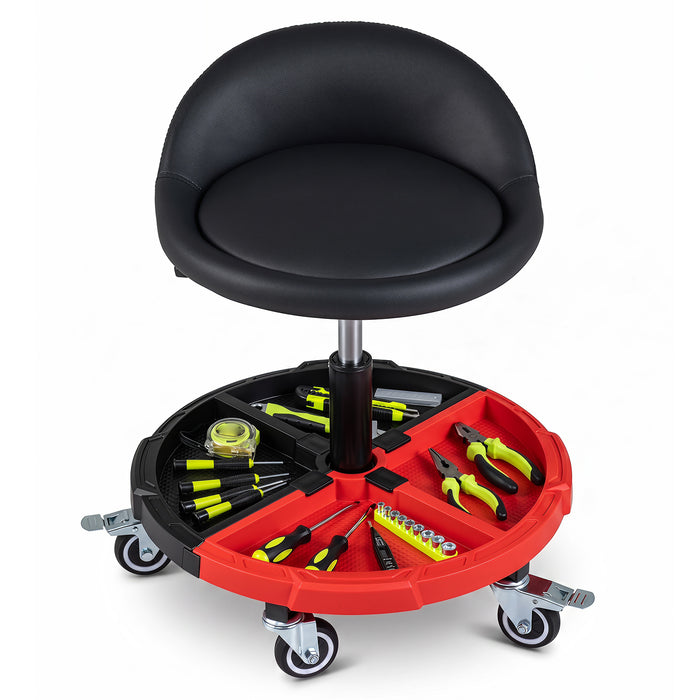 150 KG Max Weight Capacity 360° Rolling Mechanic Stool with Tool Storage Tray Backrest-Red