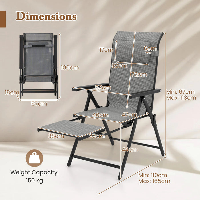 150 kg Capacity Folding Patio Chairs Set of 2 with 10-Level Adjustable Backrests and Armrests-Grey