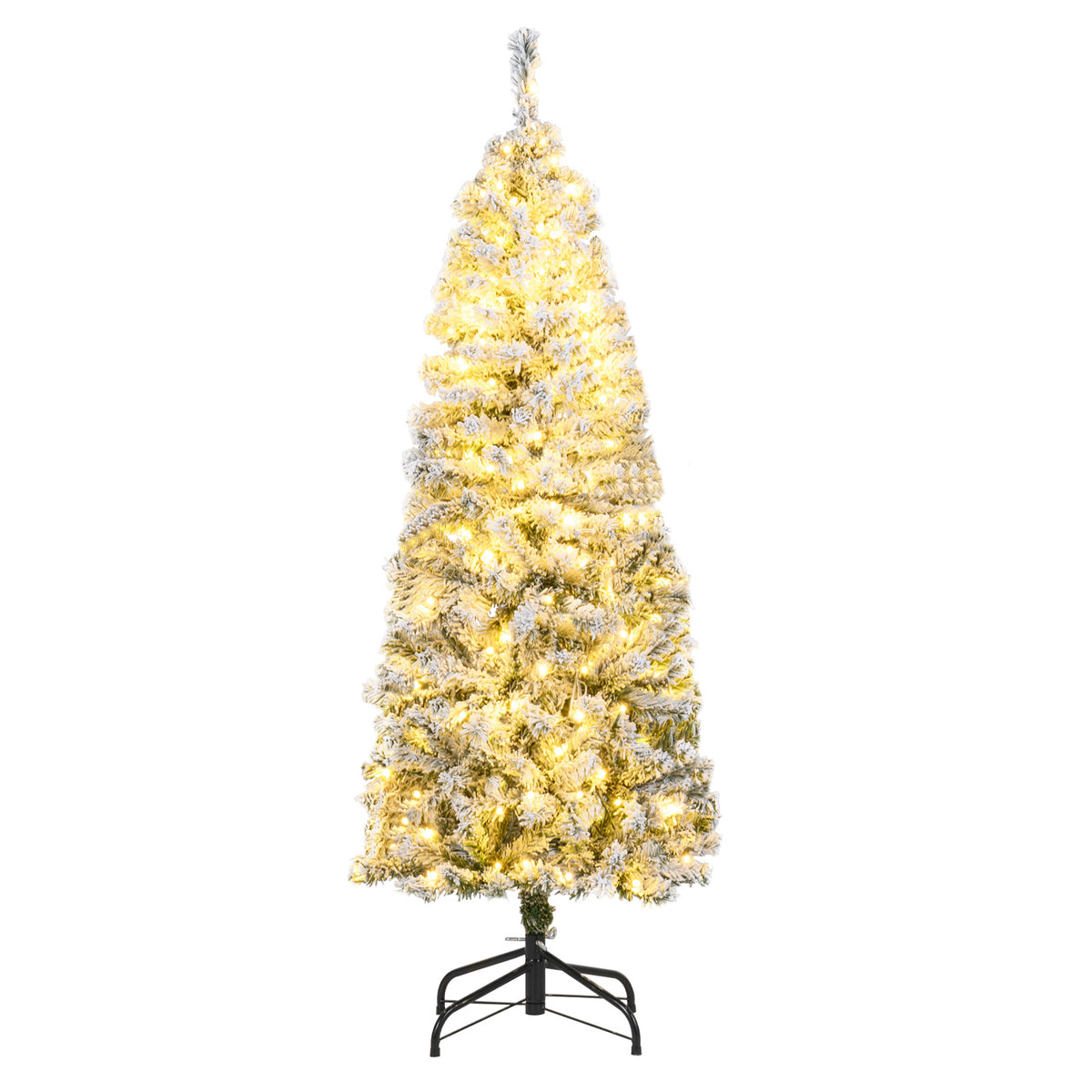 150 CM Pre-Lit Christmas Tree Hinged Slim Pencil Xmas Tree with 329 Snow Flocked PVC Branch Tips-