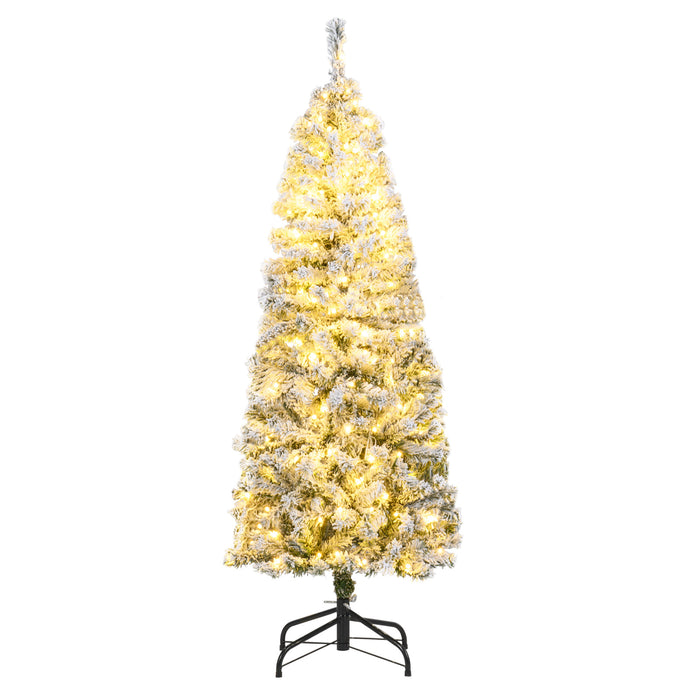 150 CM Pre-Lit Christmas Tree Hinged Slim Pencil Xmas Tree with 329 Snow Flocked PVC Branch Tips-