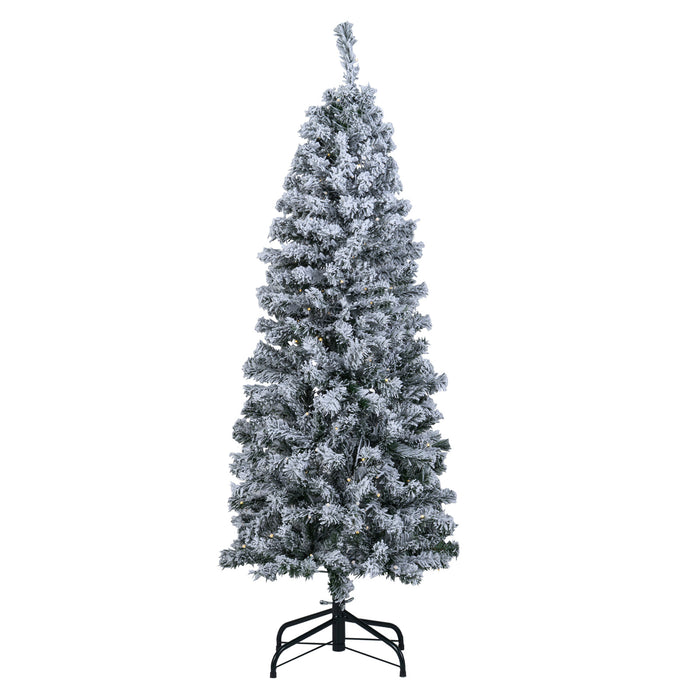 150 CM Pre-Lit Christmas Tree Hinged Slim Pencil Xmas Tree with 329 Snow Flocked PVC Branch Tips-