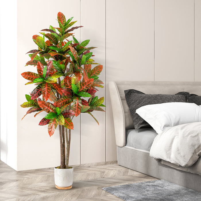 150cm Artificial Croton Plant with Multi-colored PEVA Leaves and Solid Wood Trunk