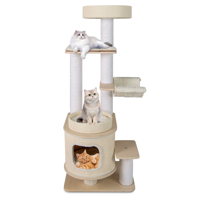151 CM Modern Cat Tree Multi-level with Padded Top Perch and 2-Tier Cat Condo-Natural & White