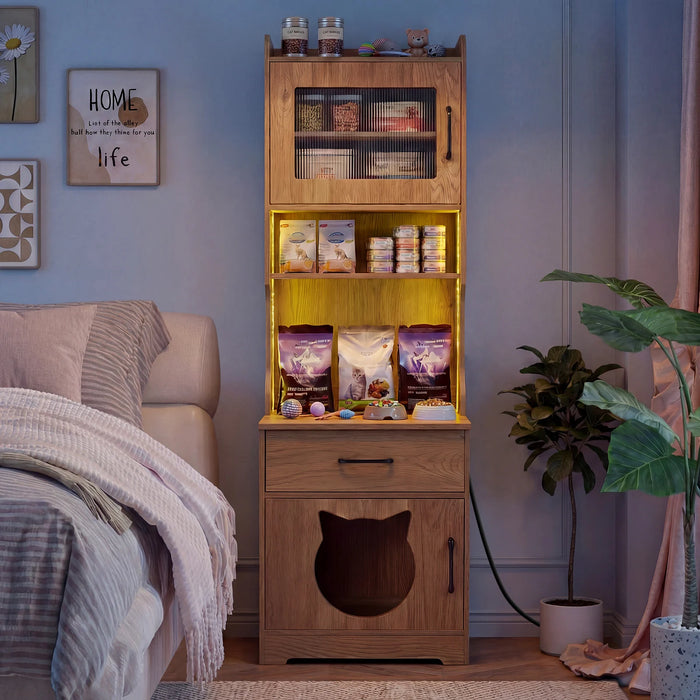 152 cm Tall Cat Litter Box Enclosure with Adjustable LED Light-Natual