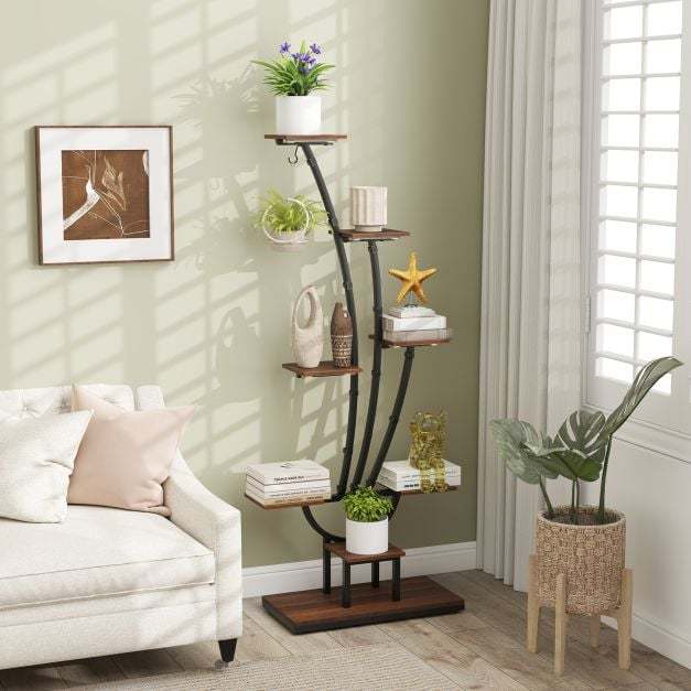 155CM Tall 8-Tier Corner Metal Plant Shelf for Multiple Plants-Rustic Brown-1 Piece