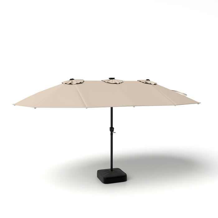 15ft Double-Sided Patio Umbrella with 144 Solar LED Lights Crank Handle Base Included-Brown